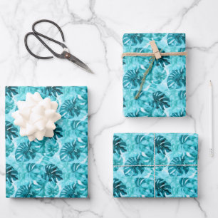 Turquoise & Teal Watercolor Leaves Wrapping Paper Sheet