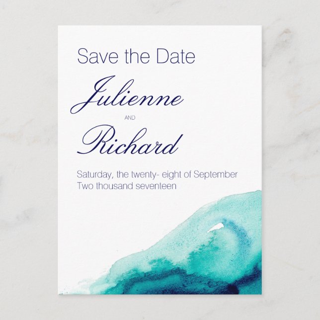Turquoise Teal Watercolor Save the Date Postcard (Front)