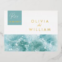 Turquoise Teal Waves Beach Wedding RSVP Postcard