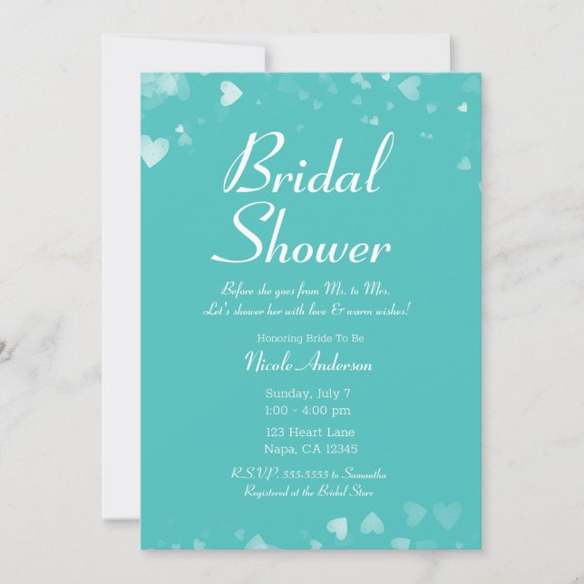 Turquoise Teal & White Hearts Chic Bridal Shower Invitation (Front)