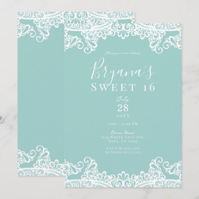 Turquoise Teal White Lace Elegant Sweet 16 Party   Invitation (Front/Back)