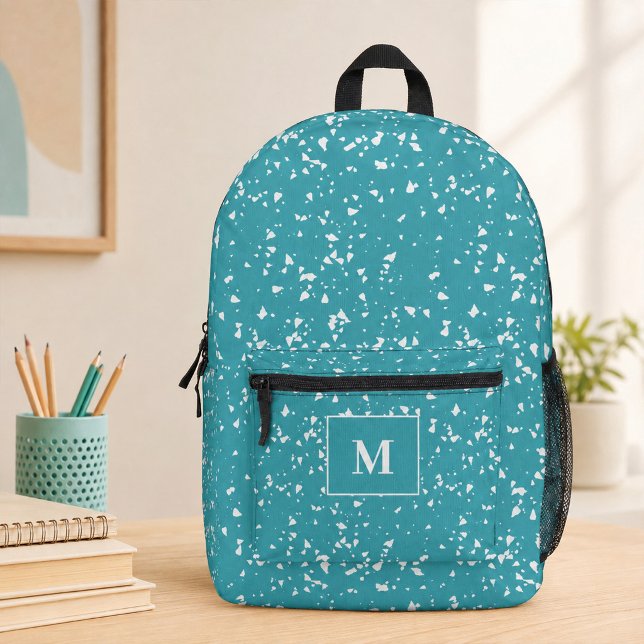 Turquoise Terrazzo Custom Monogram Name Backpack (Turquoise Terrazzo Custom Monogram Printed Backpack)