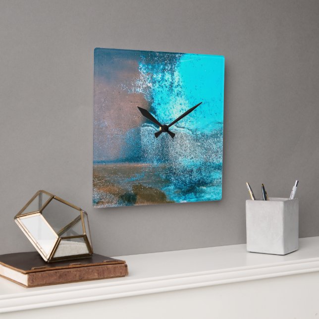 Turquoise Textured Paint and Rust Abstract Square Wall Clock (Office)