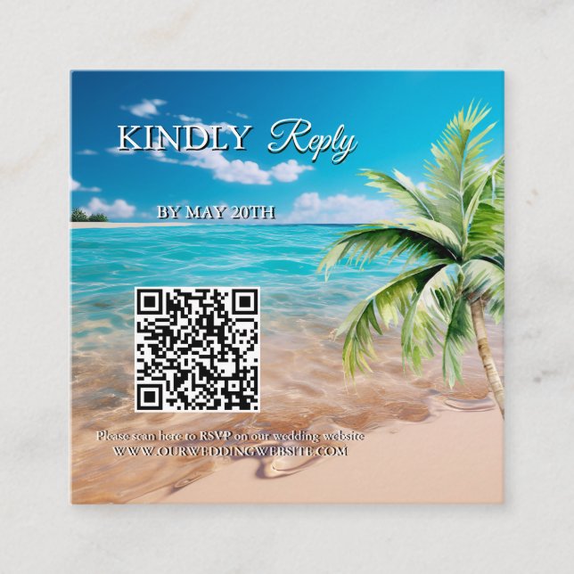 Turquoise Tide Tropical Beach Wedding QR code RSVP Enclosure Card (Front)