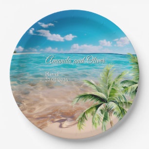 Turquoise Tides Tropical Palm Tree Beach Wedding  Paper Plate