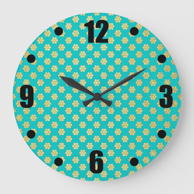 Turquoise Tiffany and Gold Daisy Flower Sparkle Large Clock (Front)