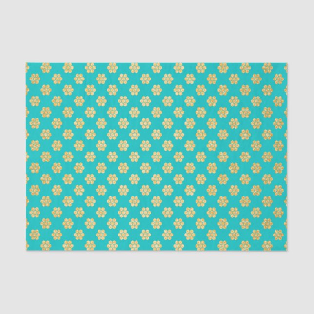 Turquoise Tiffany and Gold Daisy Flower Sparkle Tissue Paper (Front)