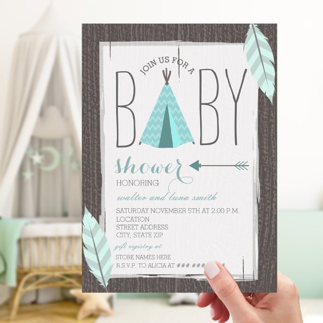 Turquoise Tipi + Feathers Baby Shower Invitation (Creator Uploaded)