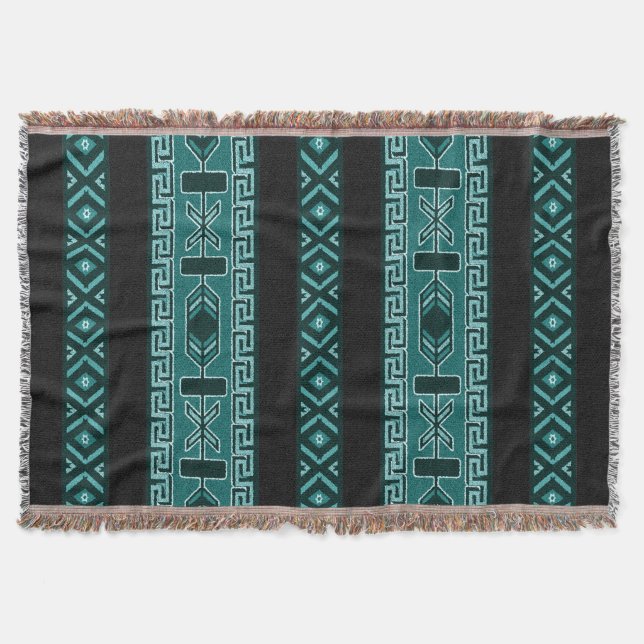 Turquoise Tribal Aztec Pattern Southwest Throw Blanket (Front)