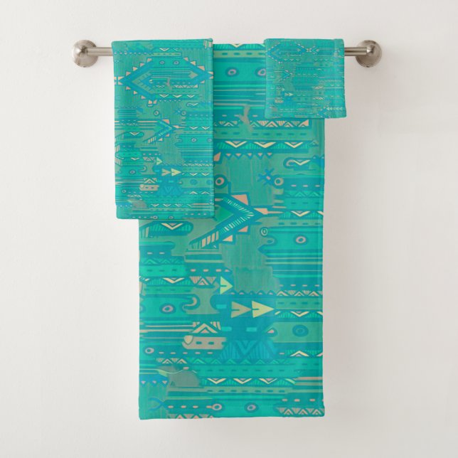 Turquoise Tribal Bathroom Towel Set (Insitu)