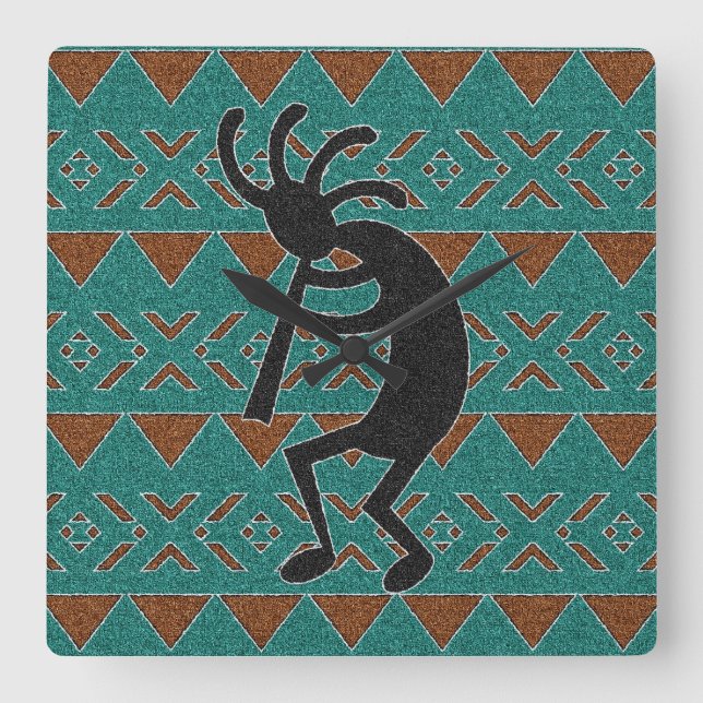 Turquoise Tribal Design Kokopelli Square Wall Clock (Front)