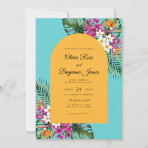 Turquoise Tropical Hibiscus Sage Wedding Invitation