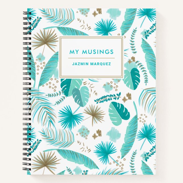 Turquoise Tropical Leaves Pattern Personalised Notebook (Front)