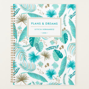 Turquoise Tropical Leaves Pattern Personalised Planner