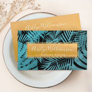 Turquoise tropical palm gold script modern elegant business card