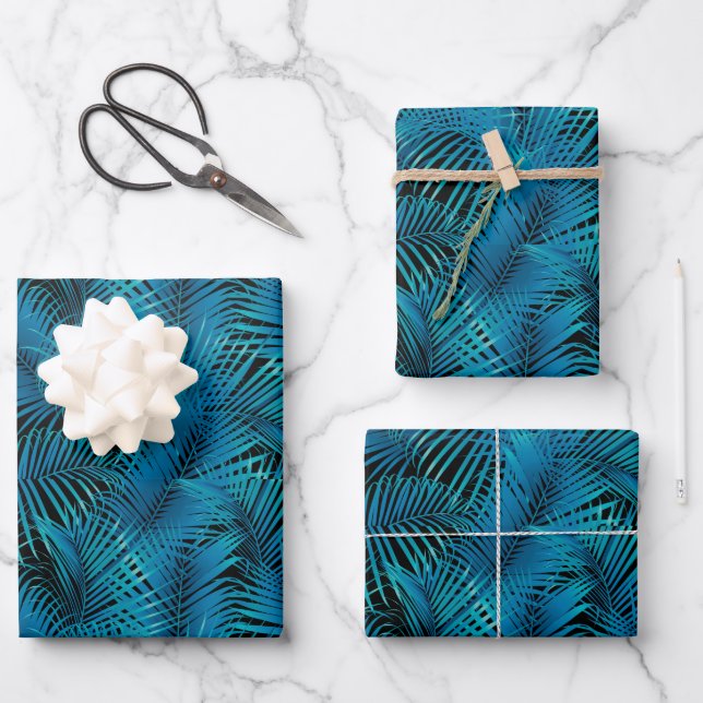 Turquoise Tropical Palm Leaves on Black Wrapping Paper Sheet (Front)