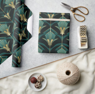 Turquoise Turquoise and Gold Art Deco Pattern Wrapping Paper