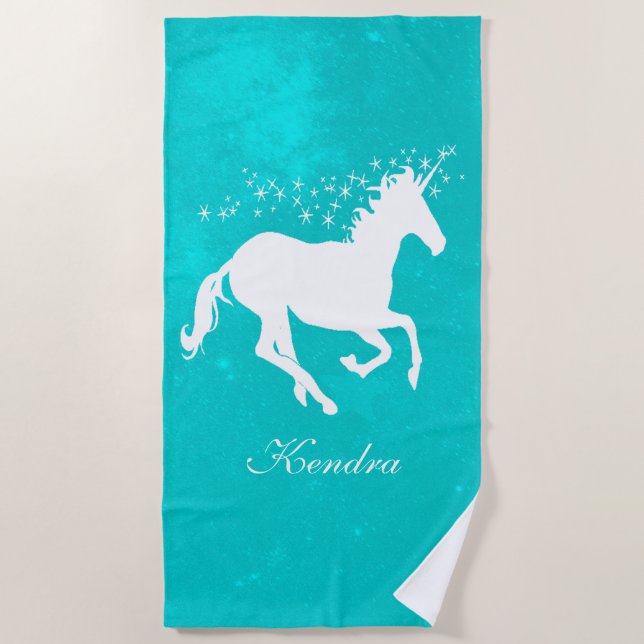 Turquoise Unicorn Personalised Beach Towel (Front)