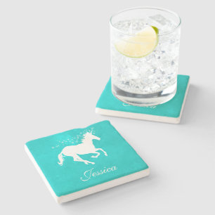 Turquoise Unicorn Personalised  Stone Coaster