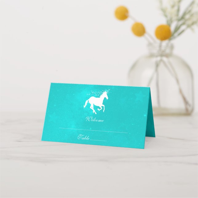 Turquoise Unicorn Reception Place Card (Front)