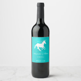 Turquoise Unicorn Wedding Wine Label