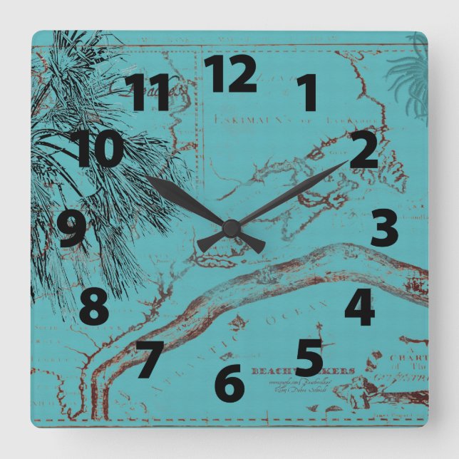 Turquoise Vintage Island Map Square Wall Clock (Front)