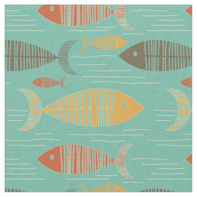 Turquoise Vintage Kitsch Fish Fabric (Close Up)