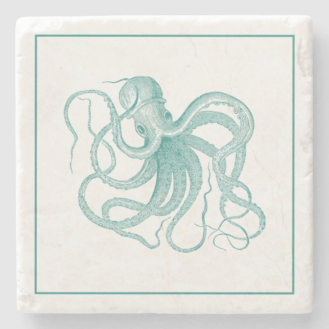 Turquoise Vintage Octopus Illustration Stone Coaster (Front)