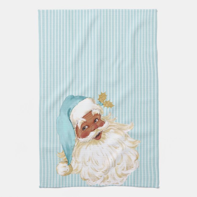 Turquoise Vintage Santa Claus of Colour Tea Towel (Vertical)