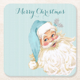 Turquoise Vintage Victorian Santa Claus Stripe Square Paper Coaster