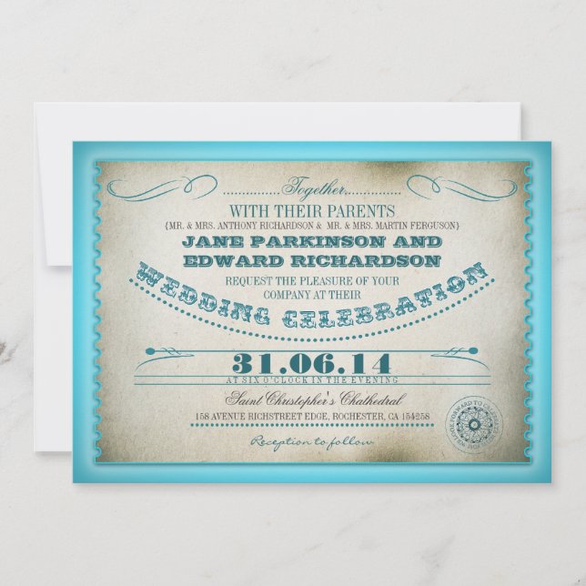 turquoise vintage wedding invitations - tickets (Front)