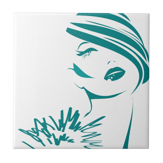 Turquoise Vintage Woman Face Tile (Front)