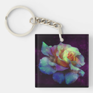 Turquoise, Violet and Yellow Rose Keychain