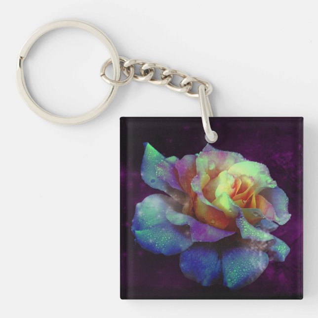 Turquoise, Violet and Yellow Rose Keychain (Front)