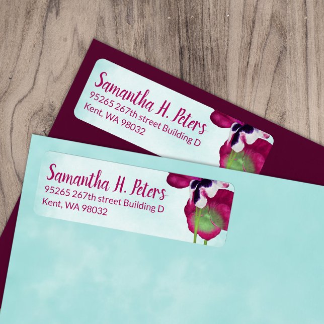 Turquoise, Violet Pansies Return Address Labels (magenta pink berry turquoise pansy flowers wedding invitation address label, mailing return address)