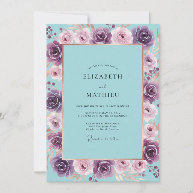 Turquoise Violet Ranunculus Sage Wedding Invitation (Front)