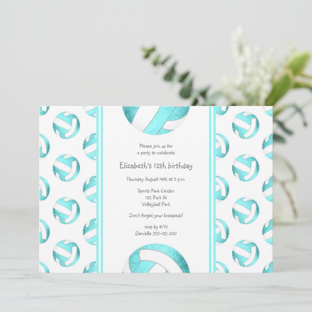 turquoise volleyballs pattern girls birthday invitation (Standing Front)