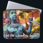 Turquoise Warrior Statue Photo Let Adventure Begin Laptop Sleeve<br><div class="desc">“Let the adventure begin.” Discovered in a lush garden setting, this Asian warrior statue shouts travel and exploration. Enliven your computer with this stunning photography neoprene laptop sleeve. This laptop sleeve comes in three sizes: 15", 13", and 10”. Makes a great gift for someone special! You can easily personalise this...</div>