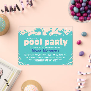 Turquoise Water Splashes Kids Birthday Pool Party Acrylic Invitations