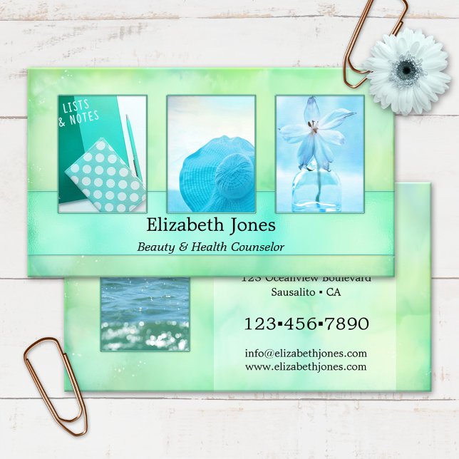 Turquoise Watercolor Abstract Your Photos Business Card (Business card featuring your own photos framed by a turquoise watercolor abstract design)