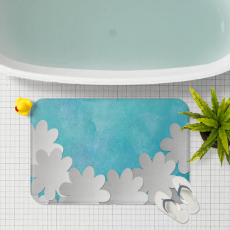 Turquoise Watercolor and White Flowers Bath Mat