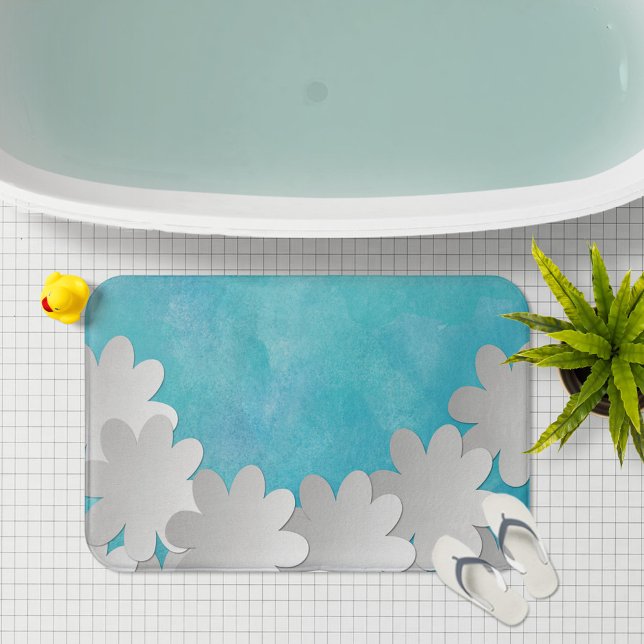 Turquoise Watercolor and White Flowers Bath Mat (Creator Uploaded)