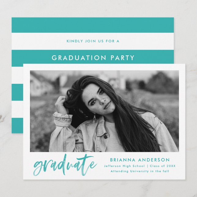Turquoise Watercolor Brush Script Graduation Party Invitation (Front/Back)