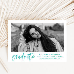 Turquoise Watercolor Brush Script Photo Graduation Announcement