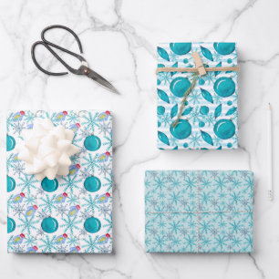 Turquoise Watercolor Christmas Balls and Snowflake Wrapping Paper Sheet