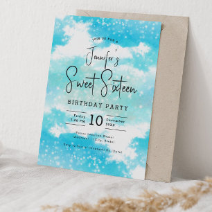 Turquoise Watercolor Clouds Sweet 16 Party Invitation