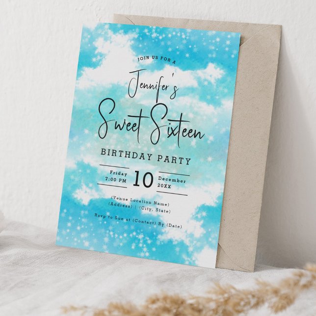 Turquoise Watercolor Clouds Sweet 16 Party Invitation (Turquoise Watercolor Clouds Sweet 16 Party Invitation)