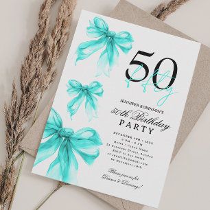 Turquoise Watercolor Coquette Bow 50th Birthday  Invitation