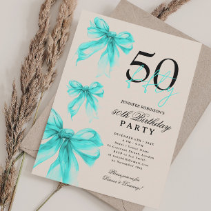 Turquoise Watercolor Coquette Bow 50th Birthday Invitation