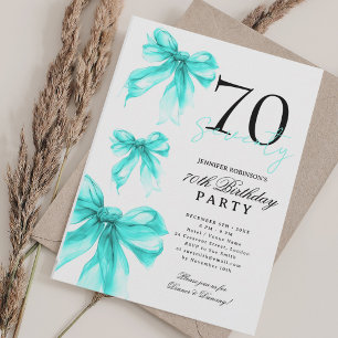 Turquoise Watercolor Coquette Bow 70th Birthday  Invitation
